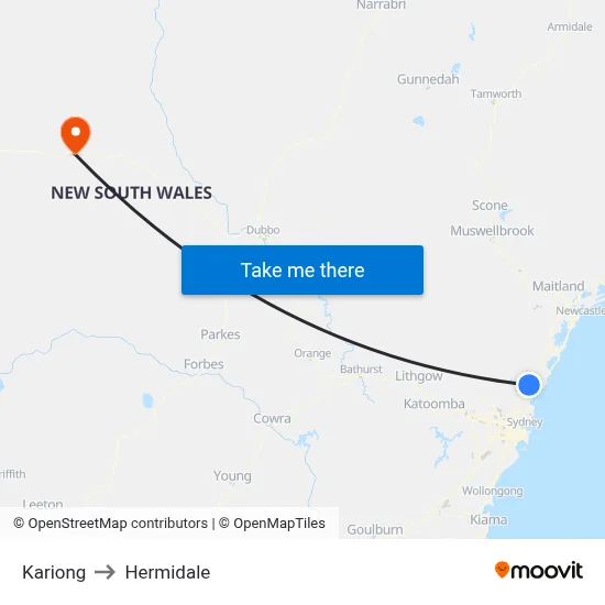 Kariong to Hermidale map
