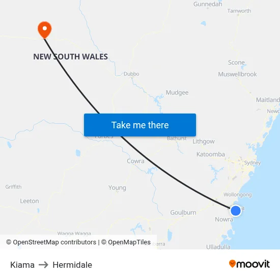 Kiama to Hermidale map