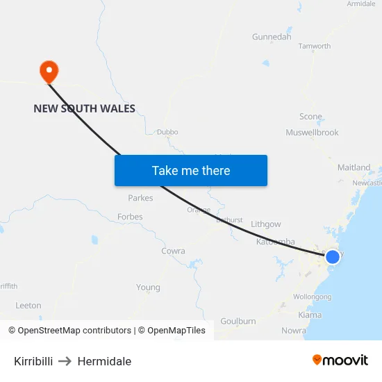 Kirribilli to Hermidale map