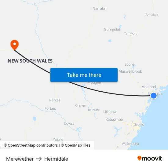 Merewether to Hermidale map