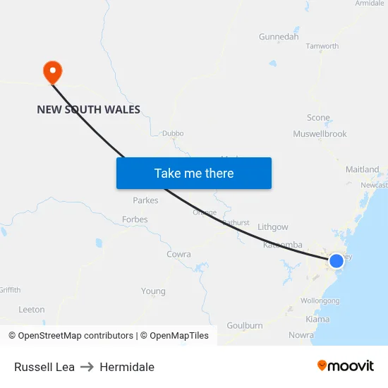 Russell Lea to Hermidale map