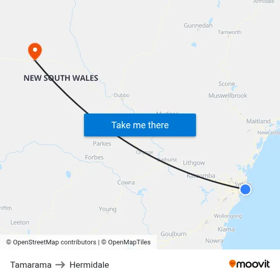 Tamarama to Hermidale map
