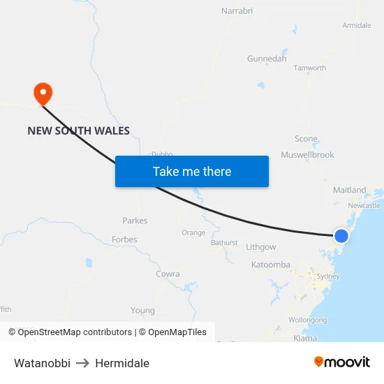 Watanobbi to Hermidale map