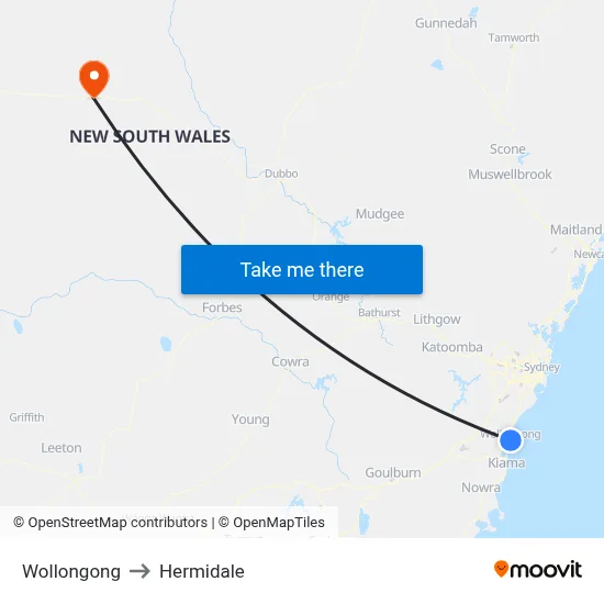 Wollongong to Hermidale map