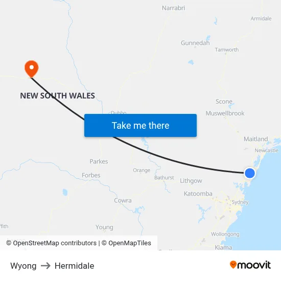 Wyong to Hermidale map