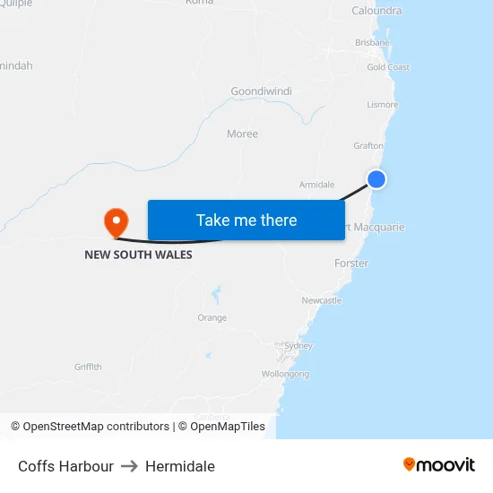 Coffs Harbour to Hermidale map