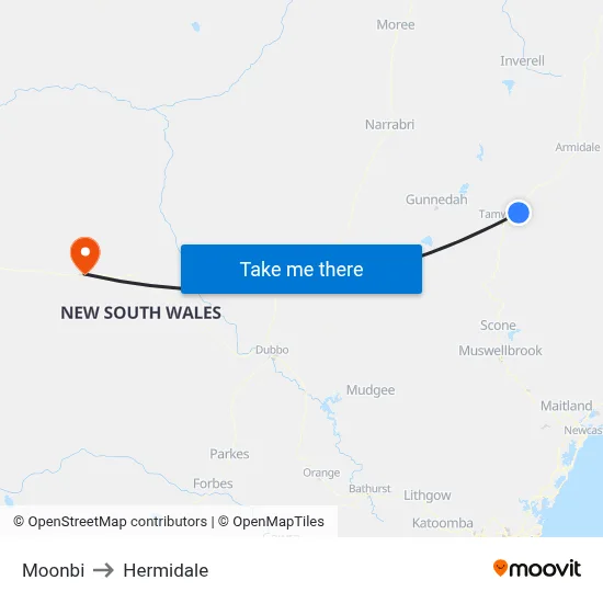 Moonbi to Hermidale map