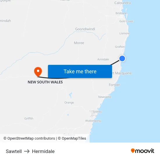 Sawtell to Hermidale map