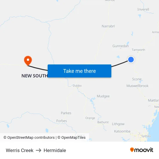 Werris Creek to Hermidale map