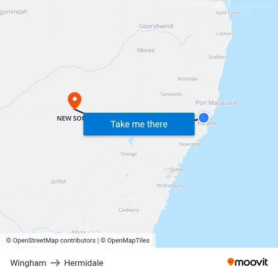 Wingham to Hermidale map