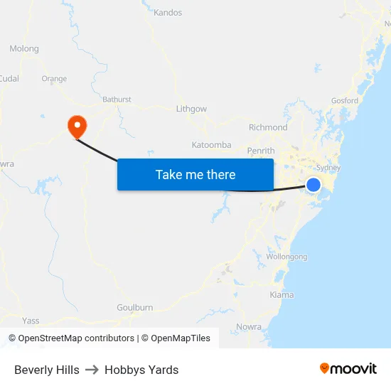 Beverly Hills to Hobbys Yards map
