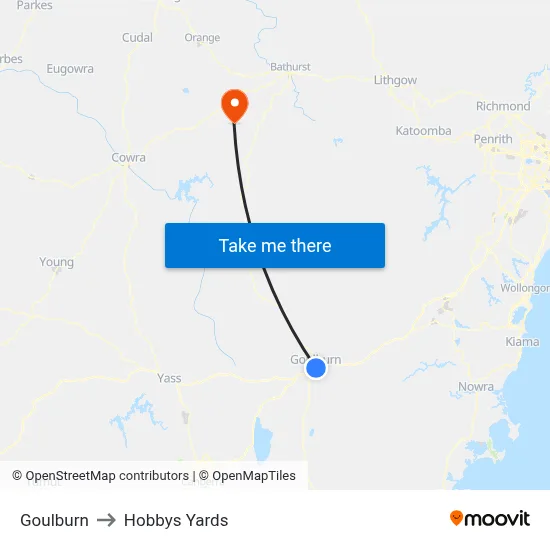 Goulburn to Hobbys Yards map