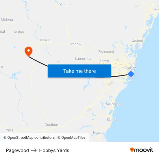 Pagewood to Hobbys Yards map