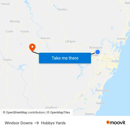 Windsor Downs to Hobbys Yards map