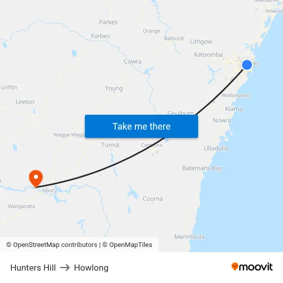 Hunters Hill to Howlong map