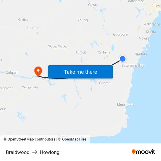 Braidwood to Howlong map