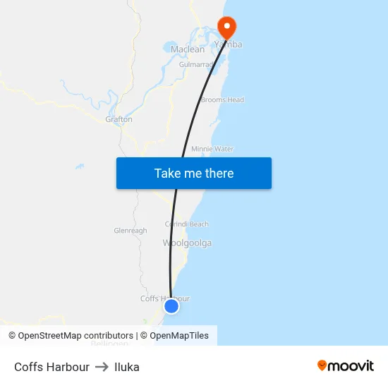 Coffs Harbour to Iluka map
