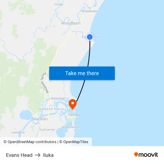 Evans Head to Iluka map