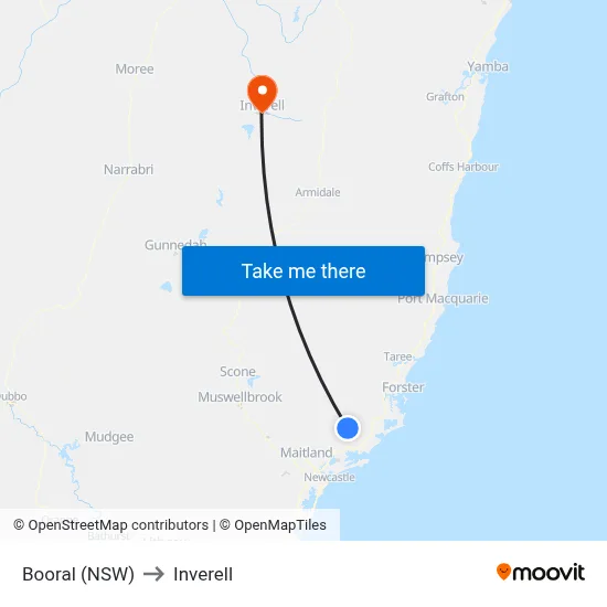 Booral (NSW) to Inverell map