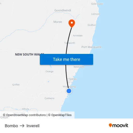 Bombo to Inverell map