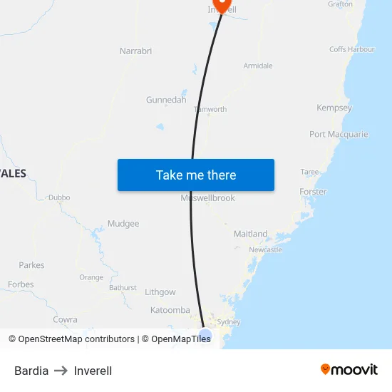 Bardia to Inverell map