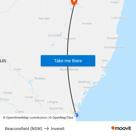 Beaconsfield (NSW) to Inverell map