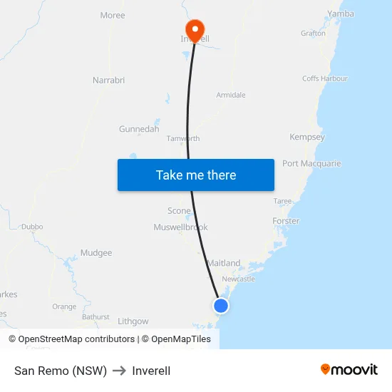 San Remo (NSW) to Inverell map