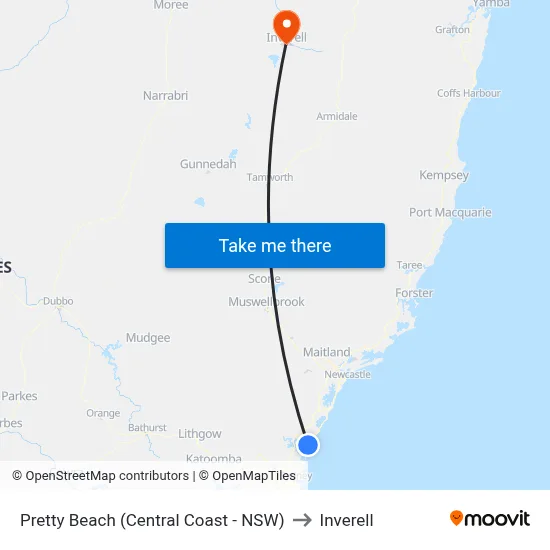 Pretty Beach (Central Coast - NSW) to Inverell map