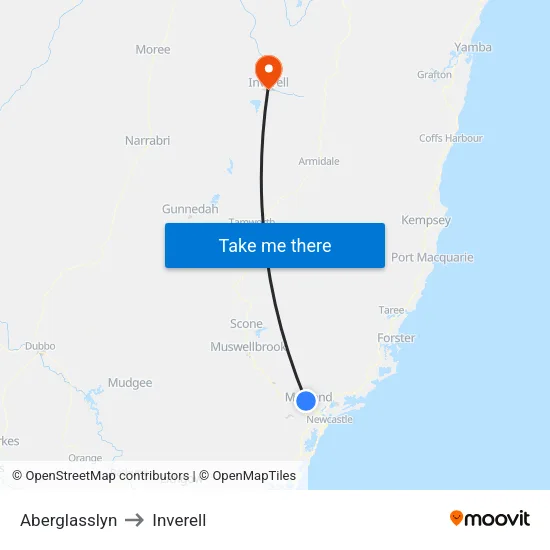 Aberglasslyn to Inverell map