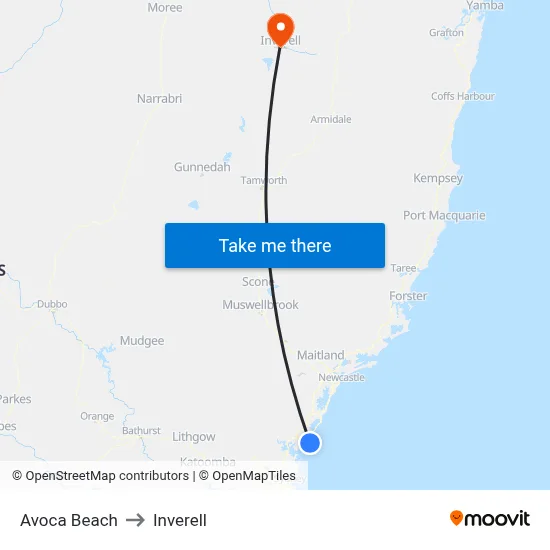 Avoca Beach to Inverell map