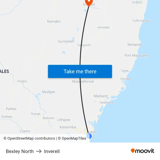 Bexley North to Inverell map