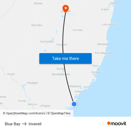 Blue Bay to Inverell map