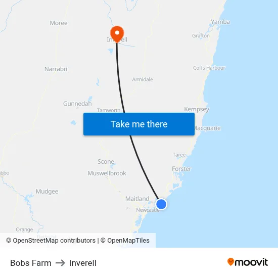 Bobs Farm to Inverell map