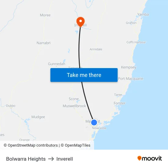 Bolwarra Heights to Inverell map