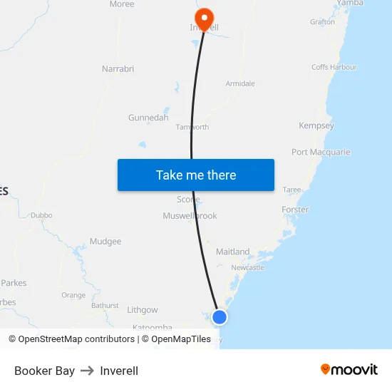 Booker Bay to Inverell map