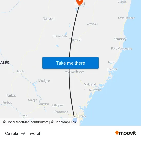 Casula to Inverell map