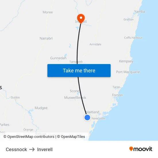 Cessnock to Inverell map