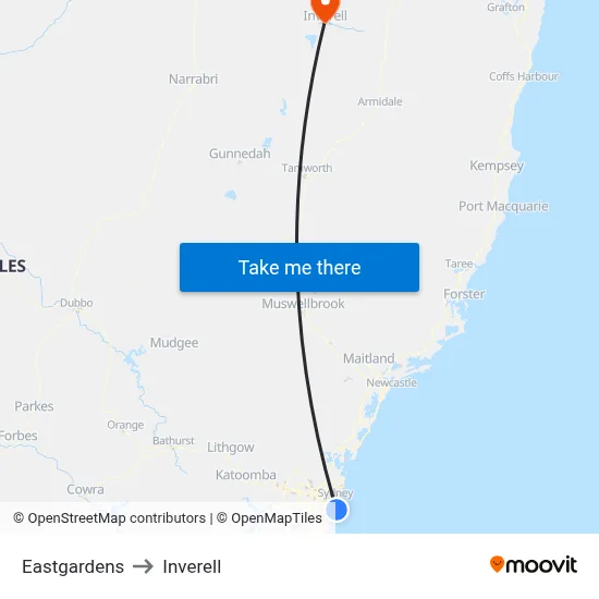 Eastgardens to Inverell map