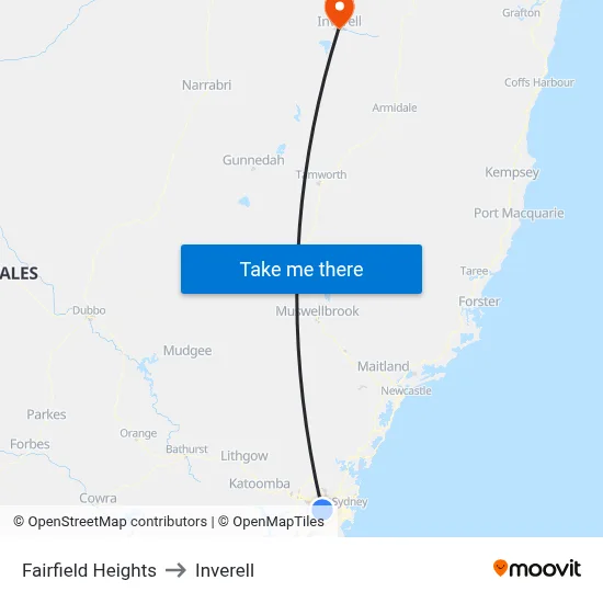 Fairfield Heights to Inverell map