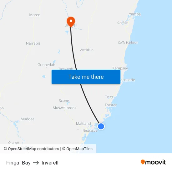Fingal Bay to Inverell map