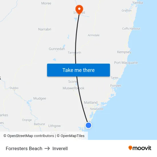 Forresters Beach to Inverell map