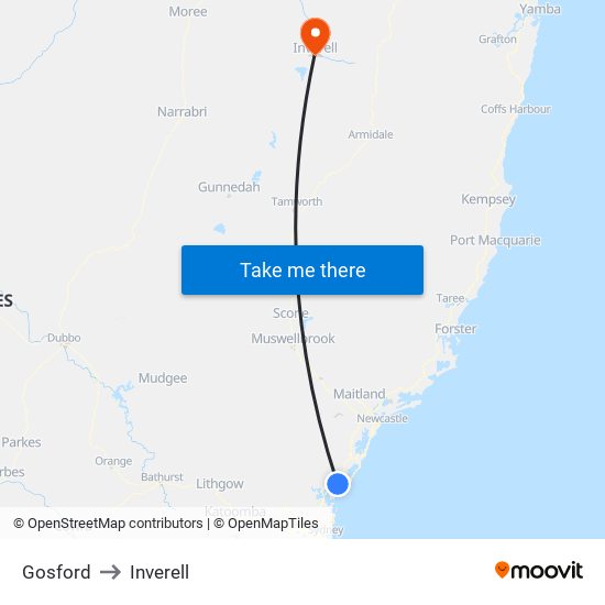 Gosford to Inverell map