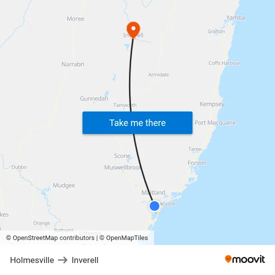 Holmesville to Inverell map