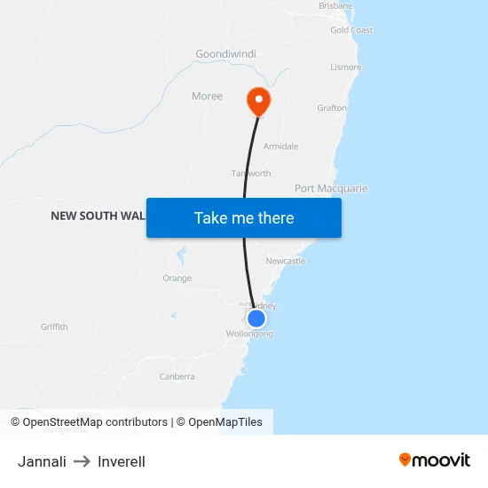 Jannali to Inverell map