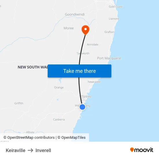 Keiraville to Inverell map