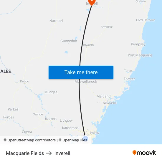 Macquarie Fields to Inverell map