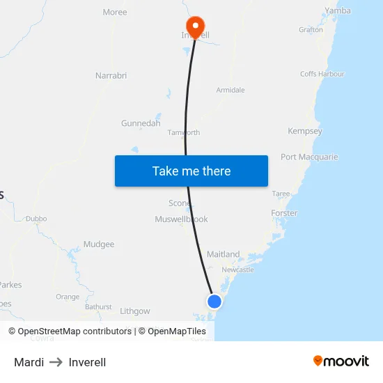 Mardi to Inverell map