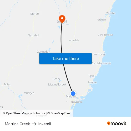 Martins Creek to Inverell map