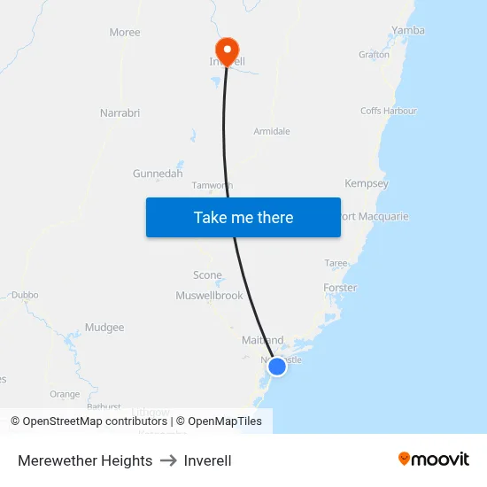 Merewether Heights to Inverell map