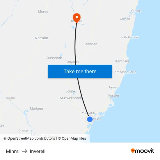 Minmi to Inverell map